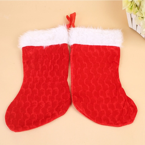 Calza di Natale Rossa Sacco Regalo Con Bordo in Peluche Bianco Tessuto a Trama Ondulata a Rilievo Ornamento da Appendere per Albero