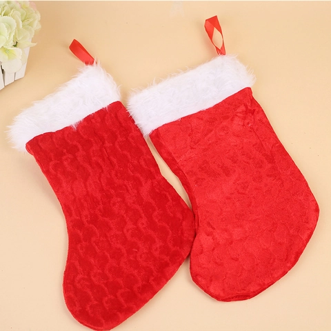 Calza di Natale Rossa Sacco Regalo Con Bordo in Peluche Bianco Tessuto a Trama Ondulata a Rilievo Ornamento da Appendere per Albero