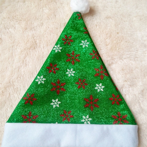 Cappello di Natale Verde Con Stampa Fiocco di Neve Bordo in Ecopelliccia Bianca Tessuto Con Paillettes Per Feste Adulti Bambini