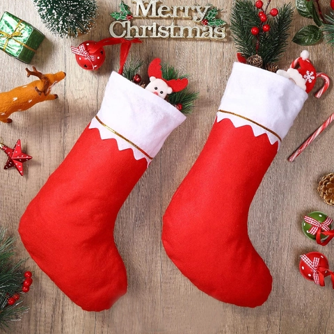 Red Christmas Stocking With White Plush Cuff Gold Wavy Edge Cloth Xmas Tree Ornament For Holiday Fireplace Candy Gift Bag