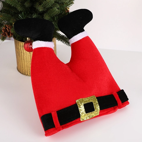 Divertente Cappello Natalizio a Forma di Gambe di Elfo Babbo Natale in Velluto Dorato a Righe Decorazione per Feste
