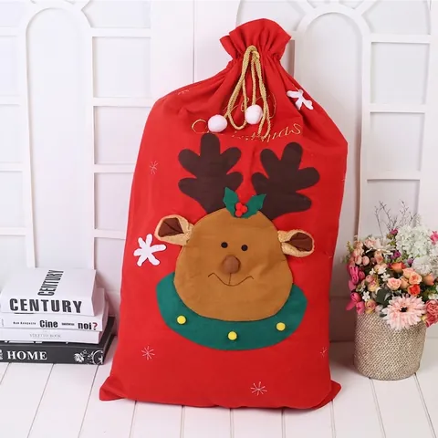 Grande Sacchetto Regalo di Natale con Renna e Babbo Natale in Tessuto Rosso con Coulisse per Decorazione Festa di Natale