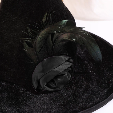 Halloween Spiral Gebogener Hexenhut Gothischer Goldener Samt Hut Mit Satinrose Und Federn Für Damen Cosplay Party Zubehör