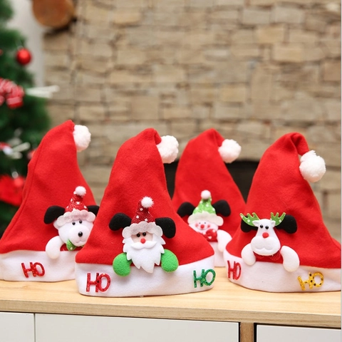 Bonnet de Noël pour Adultes Enfants en Polaire Grattée Père Noël Renne Bonhomme de Neige Applique 3D Accessoires de Costume de Fête