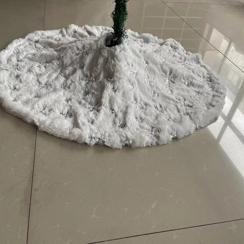 Jupe de Sapin de Noël en Peluche Blanc Rouge Fausse Fourrure Couverture de Base Douce Flocon de Neige Brodé en Paillettes Or Argent Décorations de Noël
