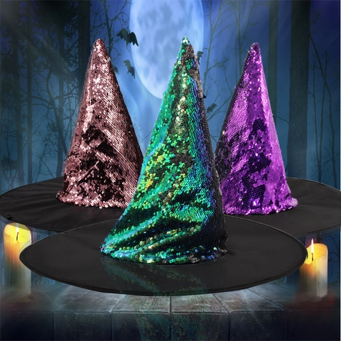 Cappello da Strega di Halloween con Paillettes Reversibili per Donna Uomo Masquerade Cosplay Party Costume Cappello a Punta Luccicante