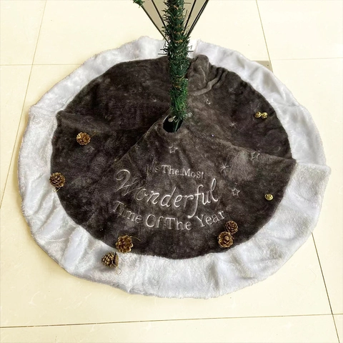 Grijze Pluche Kerstboomschort Ronde Mat Met Wit Borduurwerk Feestdagen Ontwerp Ster Decoratie