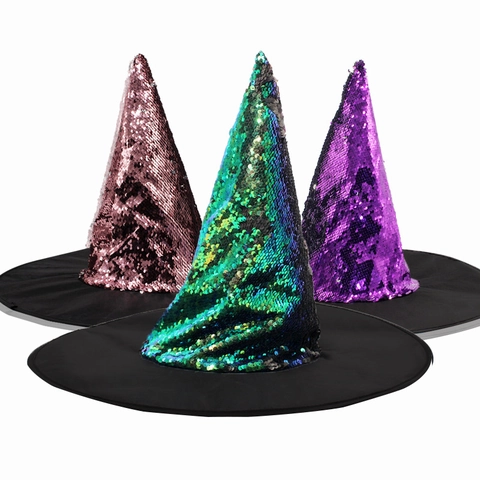 Cappello da Strega di Halloween con Paillettes Reversibili per Donna Uomo Masquerade Cosplay Party Costume Cappello a Punta Luccicante