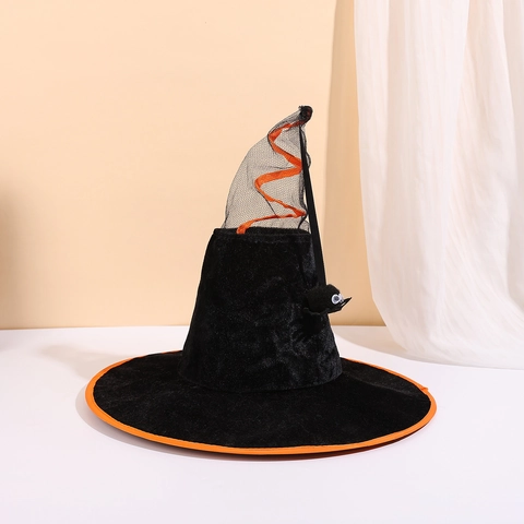 Halloween Witch Hat With Spring Spiral Mesh And Plush Spider Ornament Orange Black Wizard Costume Hat For Party Performance