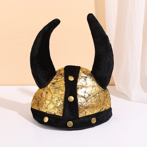 Wikinger Horn Hut Goldene Rissmuster Stoff Halloween Cosplay Kostüm Hut Mit Schwarzen Samt Hörnern Für Party Dekorationen