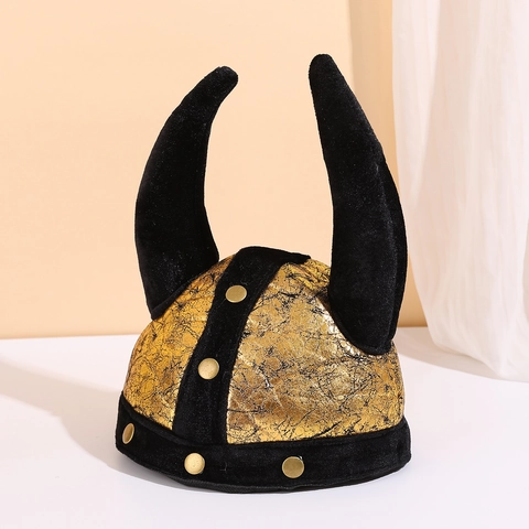 Wikinger Horn Hut Goldene Rissmuster Stoff Halloween Cosplay Kostüm Hut Mit Schwarzen Samt Hörnern Für Party Dekorationen