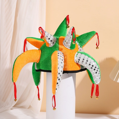 Sombrero de Bufón Accesorios de Disfraz de Múltiples Cuernos Con Cascabeles Lentejuelas Terciopelo Para Carnaval Halloween Pascua Decoración de Fiesta