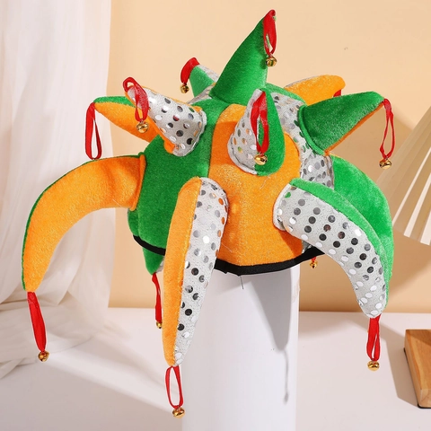 Sombrero de Bufón Accesorios de Disfraz de Múltiples Cuernos Con Cascabeles Lentejuelas Terciopelo Para Carnaval Halloween Pascua Decoración de Fiesta