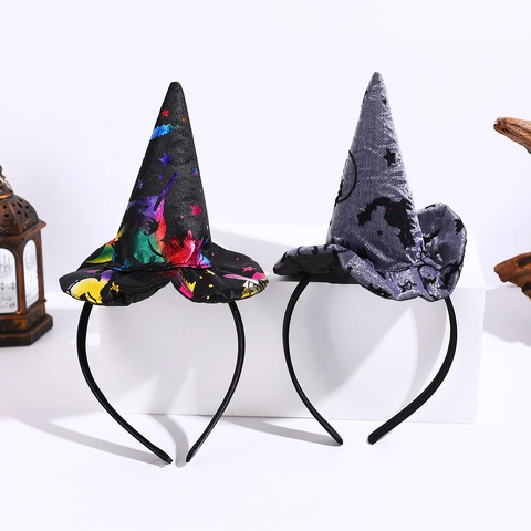 Halloween Witch Hat Headband For Party Funny Bat Star Print Headwear Women Girls Costume Decor Festive Pointed Hat Hair Accessory
