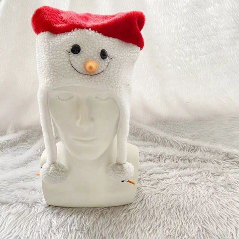 Plush Snowman Christmas Hat Red White Festive Earflap Hat With Pom Poms Holiday Party Costume Accessories For Adults Kids