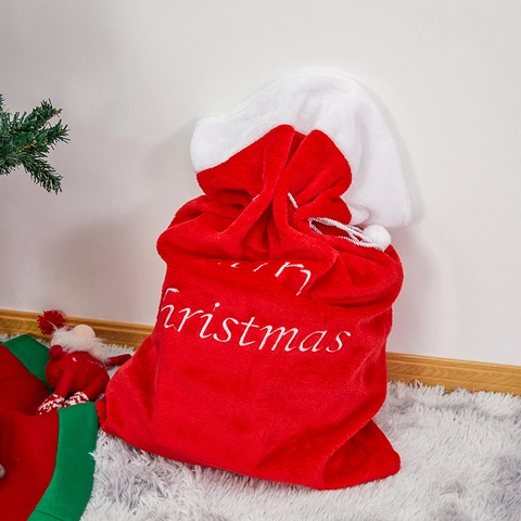 Large Christmas Plush Embroidered Gift Bag Red White Santa Sack With Drawstring Merry Christmas Letter Pompom Decoration