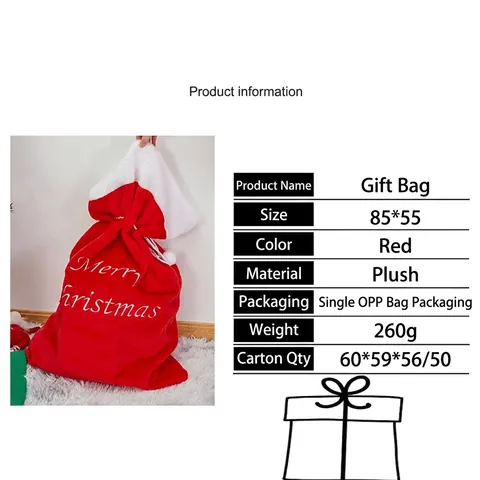 Large Christmas Plush Embroidered Gift Bag Red White Santa Sack With Drawstring Merry Christmas Letter Pompom Decoration