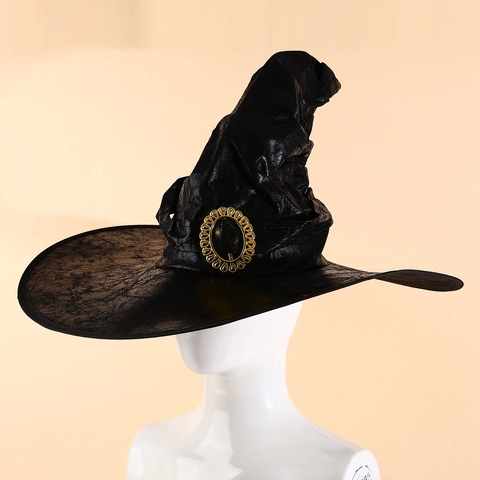Sombrero de Bruja Negro de Halloween Con Hebilla Dorada Textura Agrietada Vintage Sombrero de Mago para Cosplay Fiesta de Disfraces