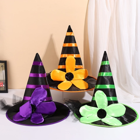 Halloween Flower Witch Hat Striped Satin Sequin Decorative Hat Party Headwear For Women Kids Costume Accessory