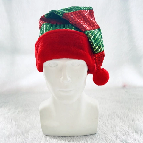 Cappello da Elfo di Natale con Paillettes Rosse e Verdi a Punta a Strisce con Pom Pon Cappello di Natale per Feste Accessori