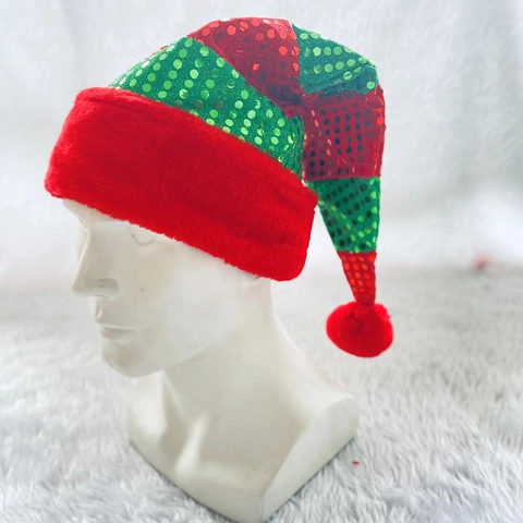 Cappello da Elfo di Natale con Paillettes Rosse e Verdi a Punta a Strisce con Pom Pon Cappello di Natale per Feste Accessori