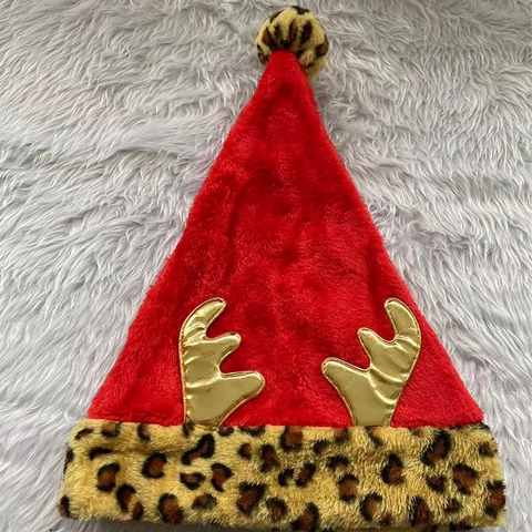 Cappello di Natale con Corna Rosse e Bordo Leopardato Cappello con Corna di Cervo in Peluche per Festa di Natale