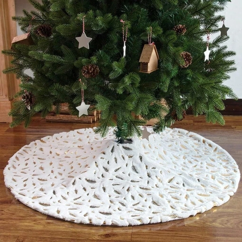 Faux Fur Christmas Tree Skirt White Plush Bronzed Snowflake Leaf Pattern Round Base Cover Mat For Holiday Home Decoration