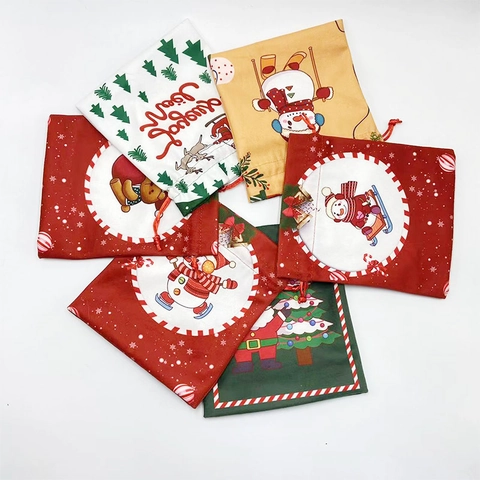 Christmas Drawstring Gift Bags Polyester Cartoon Santa Snowman Reindeer Apple Packaging Bags Holiday Party Candy Storage Bags