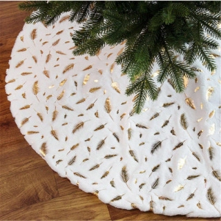 Faux Fur Christmas Tree Skirt White Plush Bronzed Snowflake Leaf Pattern Round Base Cover Mat For Holiday Home Decoration