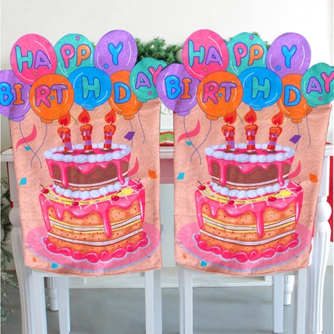 Happy Birthday Theme Elastic Chair Cover Fabric Birthday Cake Balloon Print Chair Back Protector For Party Hotel Decoration