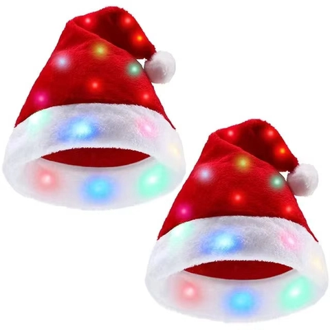 Gorro de Navidad Luminoso de Peluche Gorro de Papá Noel Con Luces LED de Colores para Adultos Niños Fiesta Decoración Rojo