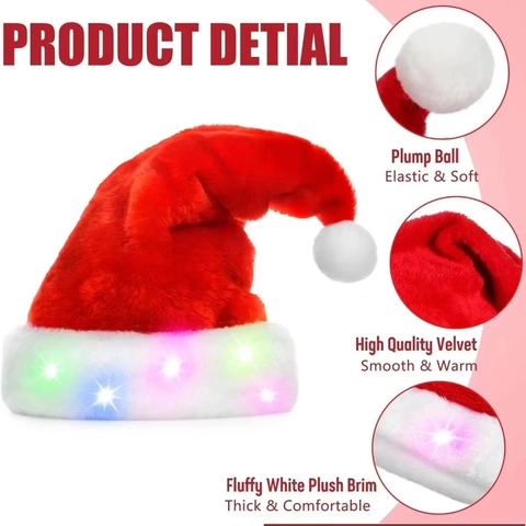 Gorro de Navidad Luminoso de Peluche Gorro de Papá Noel Con Luces LED de Colores para Adultos Niños Fiesta Decoración Rojo