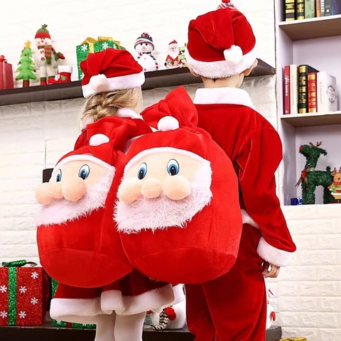 Santa Claus Plush Christmas Gift Bag Red Polyester Drawstring Backpack For Kids Festive Party Decoration Gift Sack