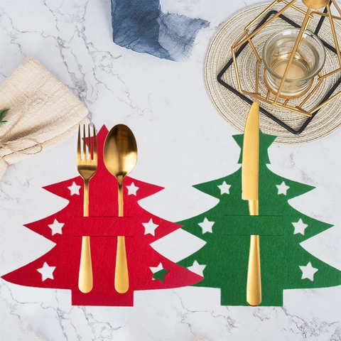Porte-couverts en Feutre Forme de Sapin de Noël Sacs à Vaisselle Rouges et Verts pour Décoration de Table de Noël