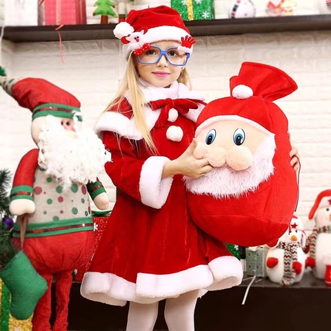 Santa Claus Plush Christmas Gift Bag Red Polyester Drawstring Backpack For Kids Festive Party Decoration Gift Sack