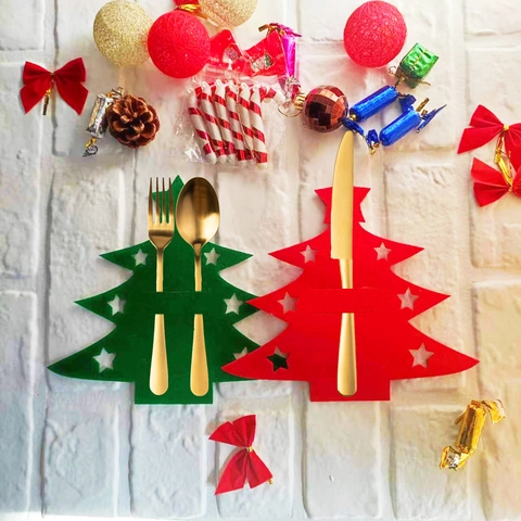 Porte-couverts en Feutre Forme de Sapin de Noël Sacs à Vaisselle Rouges et Verts pour Décoration de Table de Noël