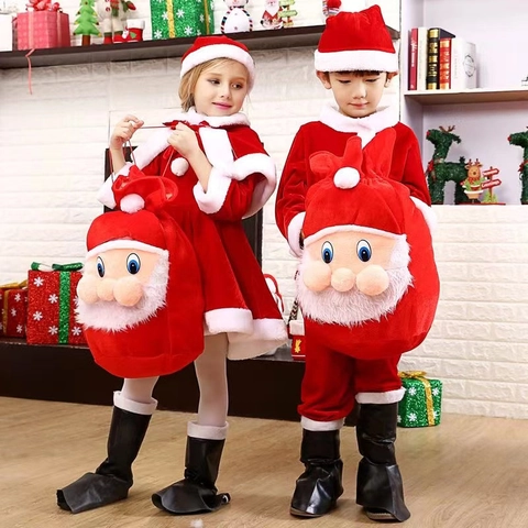 Kids Santa Claus Costume Red Velvet Christmas Dress Outfit For Boys Girls With Hat Belt Boot Covers Christmas Party Clothes
