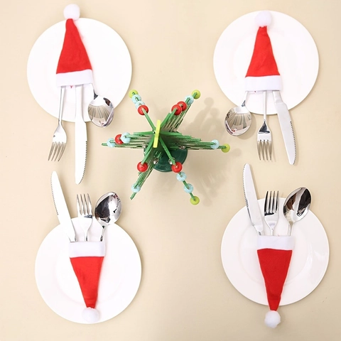 Mini Christmas Hats Cutlery Holders Tableware Decor Wine Bottle Covers Non-Woven Fabric Red White Holiday Party Ornaments