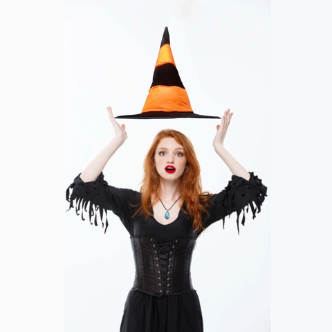 Halloween Striped Witch Hat Pointed Top Wide Brim Costume Accessory For Cosplay Party Red Orange Black Cloth Hat