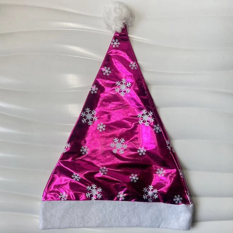 Polyester Metallic Shiny Christmas Hat With Snowflake Star Heart Print Plush Trim Festive Party Decor For Adults Kids