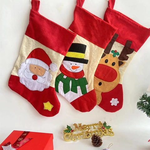 Large Christmas Stocking Gift Bag Polyester Santa Snowman Reindeer Applique Hanging Decoration For Xmas Tree Holiday Party Decor