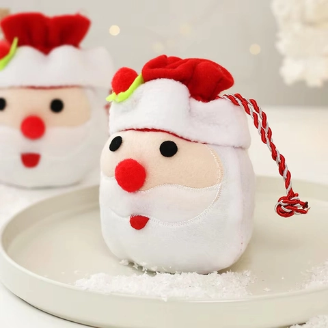 Christmas Santa Claus Drawstring Gift Bag Holiday Candy Apple Pouch Embroidered 3D Santa Face Ornament For Xmas Home Decor
