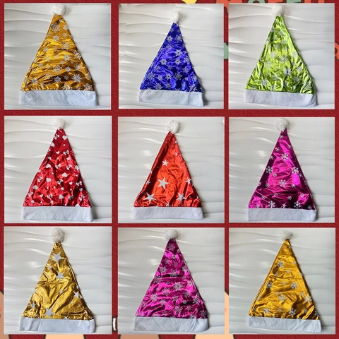 Polyester Metallic Shiny Christmas Hat With Snowflake Star Heart Print Plush Trim Festive Party Decor For Adults Kids
