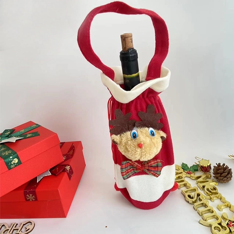 Christmas Reindeer Wine Bottle Cover Red White Plush Drawstring Gift Bag With Handle Festive Table Decor For Holiday Party