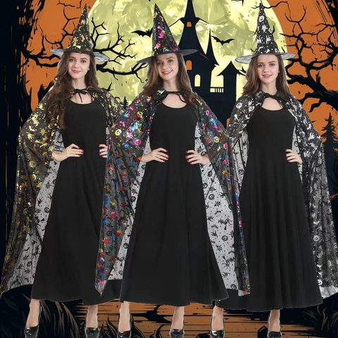 Cape de Sorcier d'Halloween Avec Chapeau Pointu Or Argent Multicolore Imprimé Chauve-Souris Étoile Pour Adultes Enfants