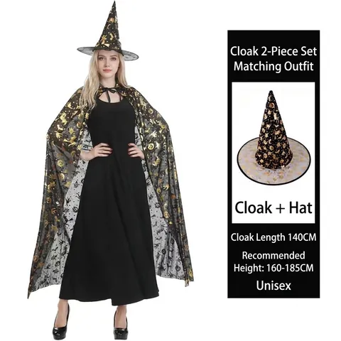 Cape de Sorcier d'Halloween Avec Chapeau Pointu Or Argent Multicolore Imprimé Chauve-Souris Étoile Pour Adultes Enfants