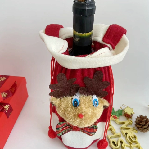 Christmas Reindeer Wine Bottle Cover Red White Plush Drawstring Gift Bag With Handle Festive Table Decor For Holiday Party