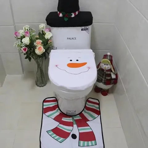 Copriwater e Tappetino di Natale con Babbo Natale Renna Elfo Pupazzo di Neve Decorazione Festiva per il Bagno