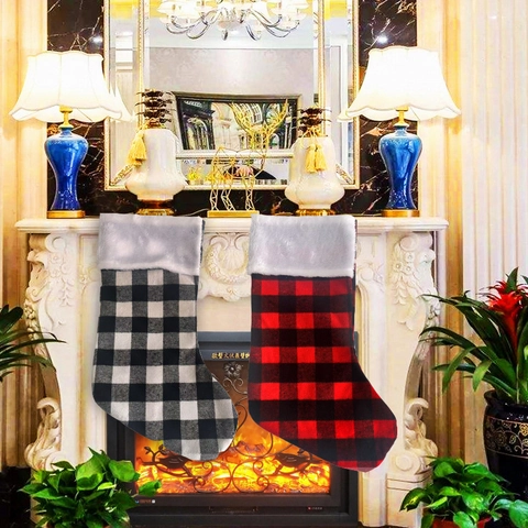 Kerstsok Buffalo Ruit Geruit Pluche Rand Open Haard Hangende Decoratie Cadeau Snoepzak Voor Vakantie Huisdecoratie
