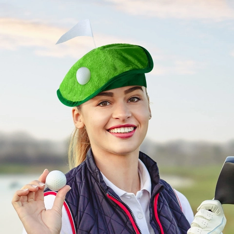 Novelty Plush Golf Course Beret Hat With Flag And Ball For Golf Theme Party Costume Accessory Unisex Green White Creative Golfing Cap